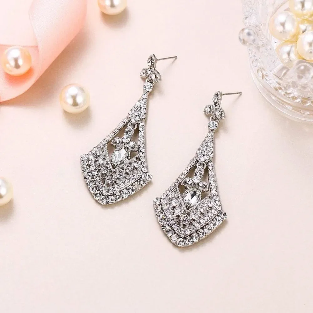 Silver with White Diamond Crystal Art Deco Rhombus Chandelier Post Back Earrings
